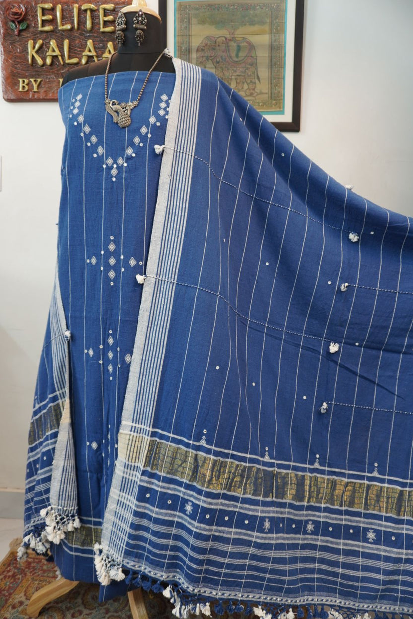Blue striped 3 piece dress material with border detail and tassels