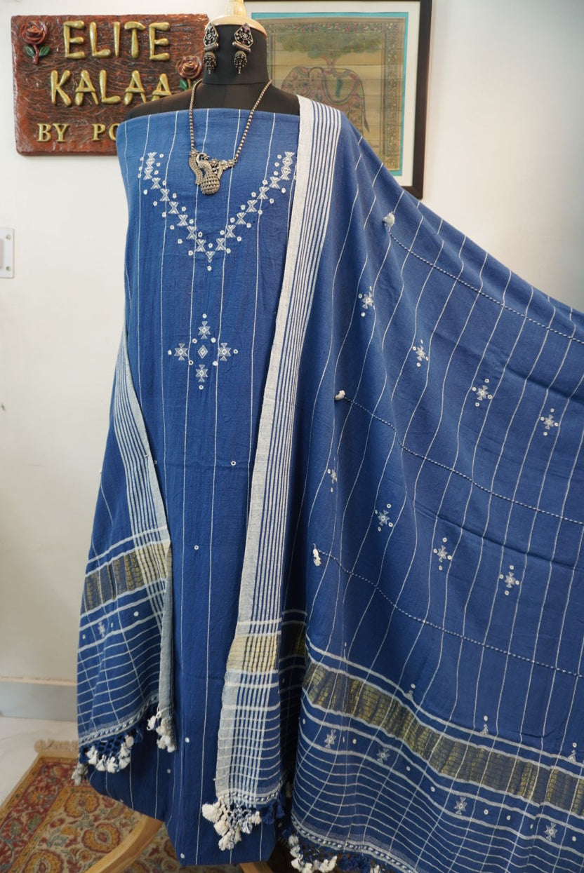 Blue Bhujodi Kala cotton 3 piece dress material with placement pattern, border and tassels