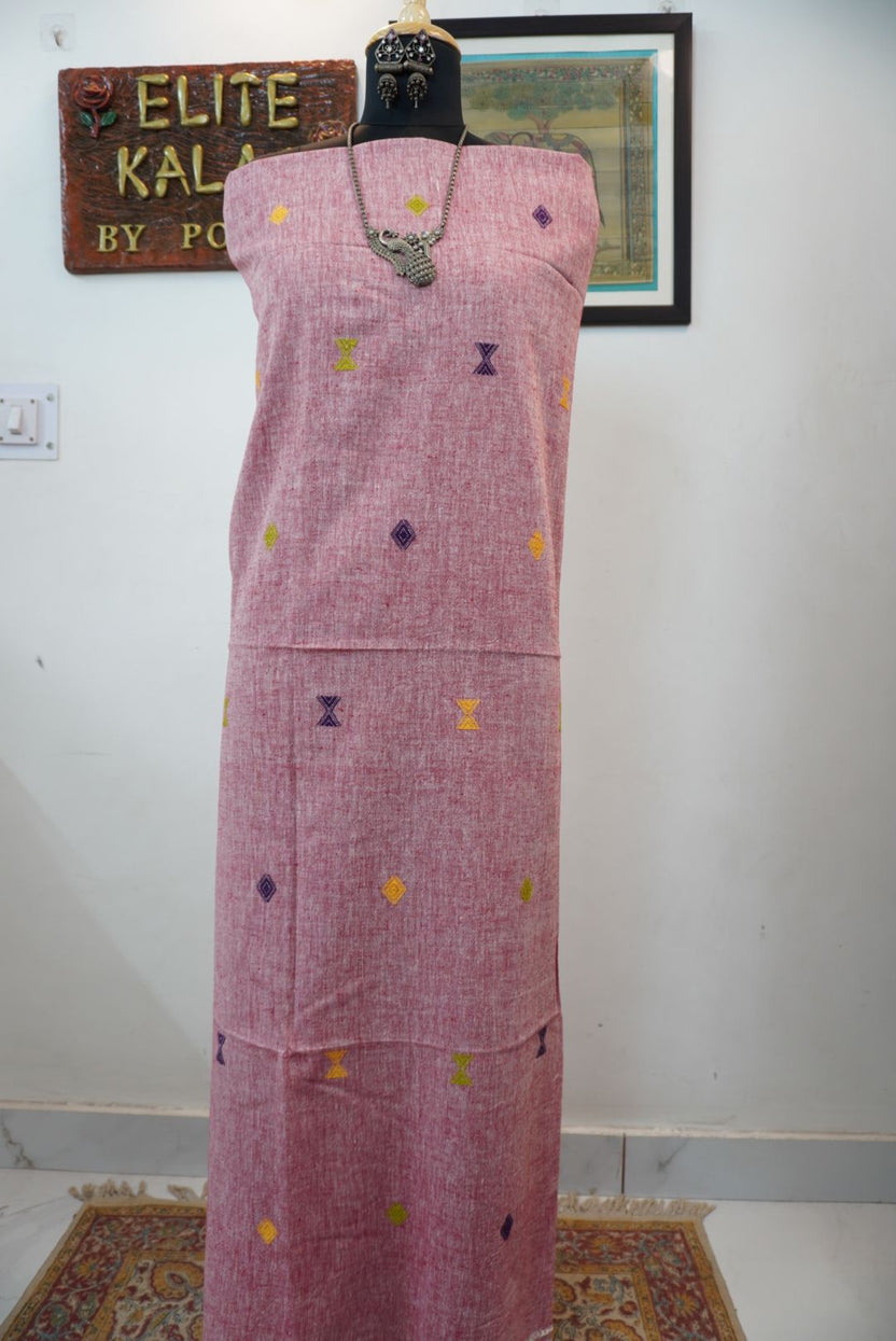 Onion pink Bhujodi Kala cotton kurti with front chomuk work and multicolor placement pattern in yellow, purple and green