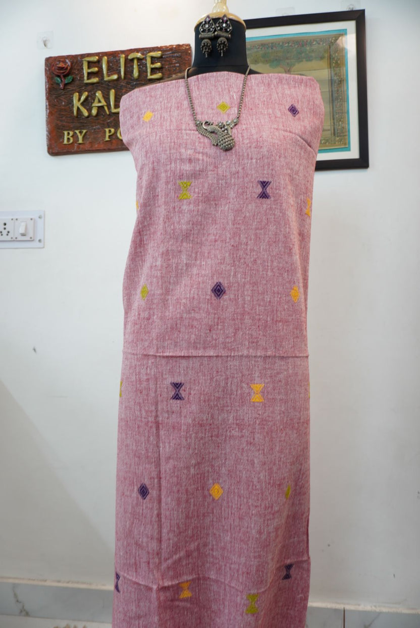 Onion pink Bhujodi Kala cotton kurti with front chomuk work and multicolor placement pattern in yellow, purple and green