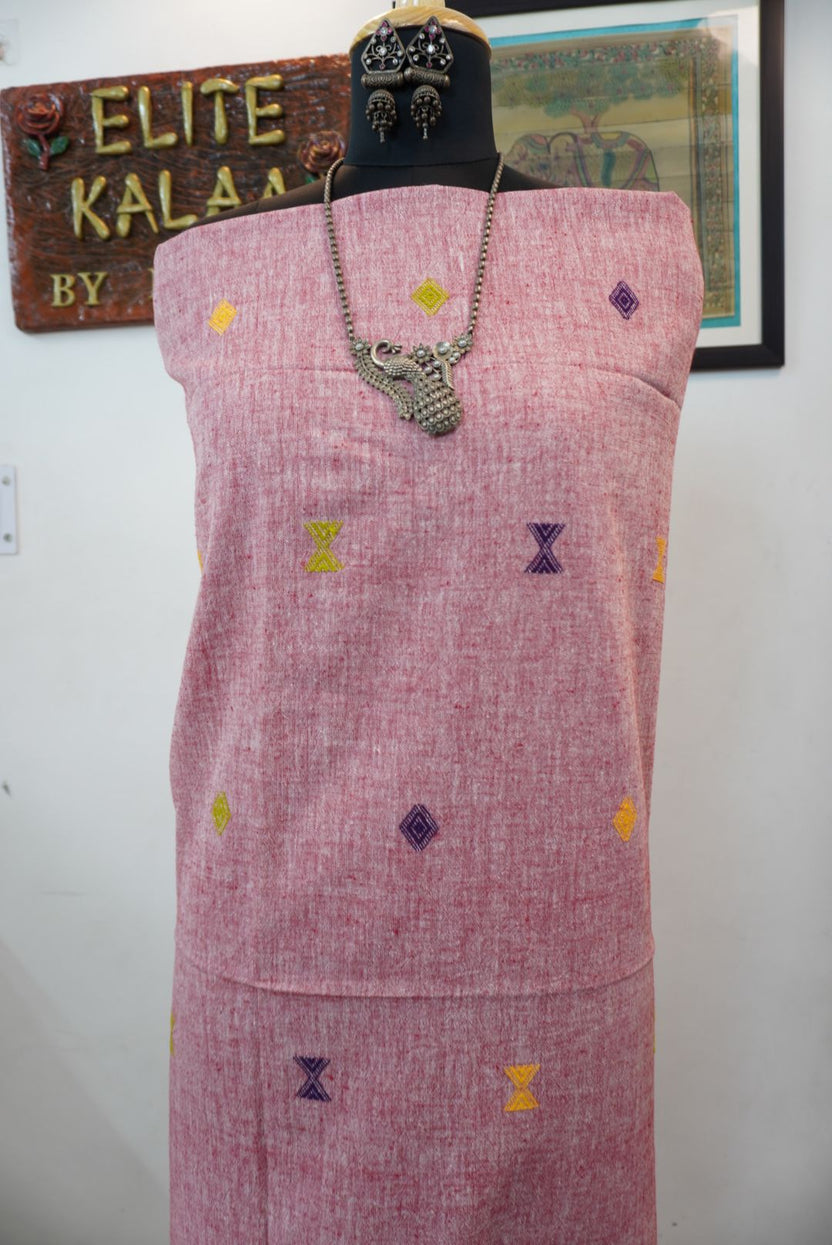 Onion pink Bhujodi Kala cotton kurti with front chomuk work and multicolor placement pattern in yellow, purple and green