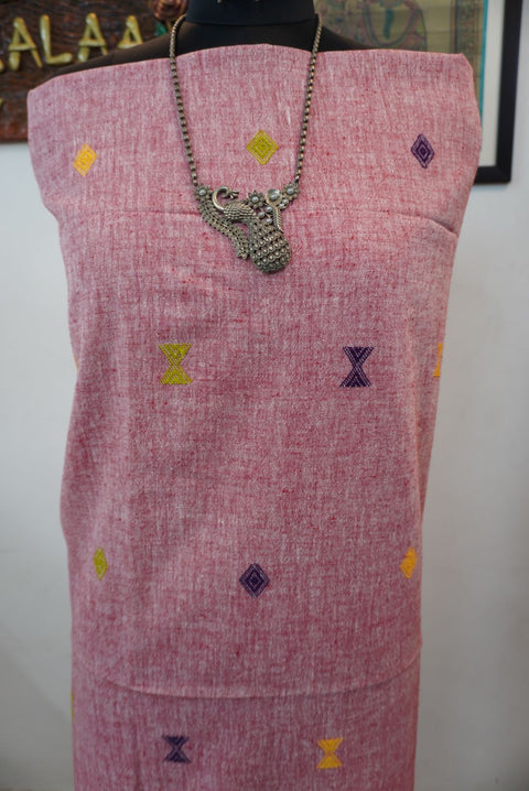 Onion pink Bhujodi Kala cotton kurti with front chomuk work and multicolor placement pattern in yellow, purple and green