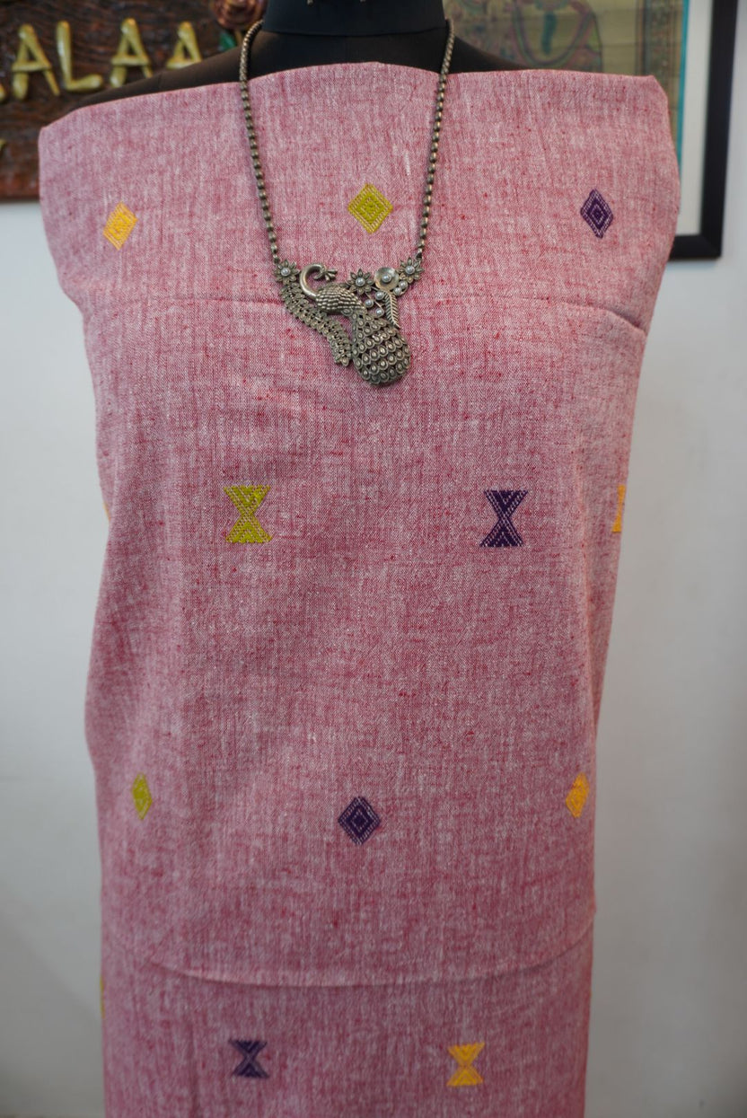 Onion pink Bhujodi Kala cotton kurti with front chomuk work and multicolor placement pattern in yellow, purple and green
