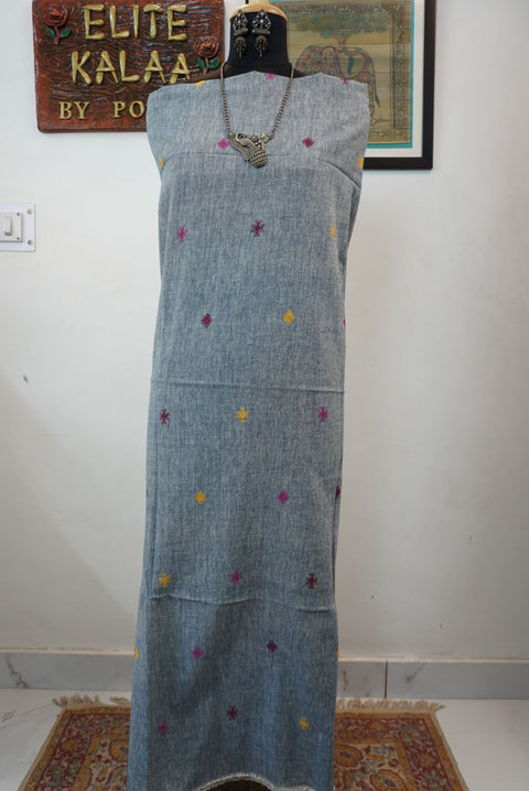 Grey Bhujodi Kala cotton kurti with multicolor front chomuk placement pattern in pink, yellow and maroon