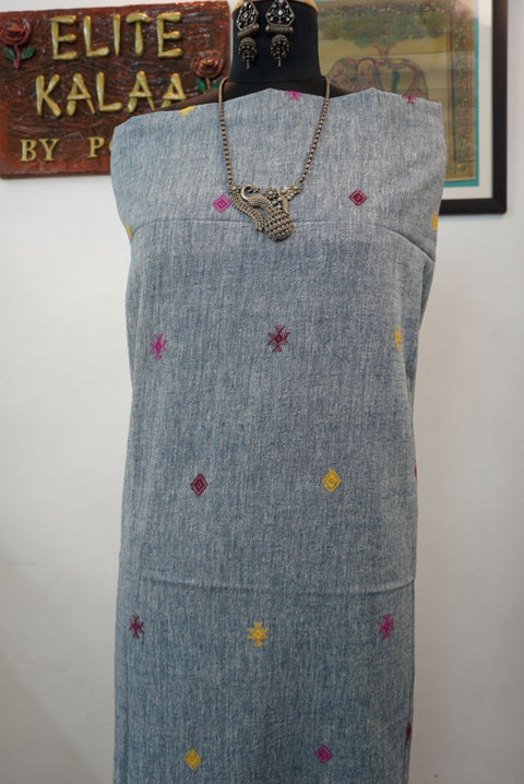 Grey Bhujodi Kala cotton kurti with multicolor front chomuk placement pattern in pink, yellow and maroon