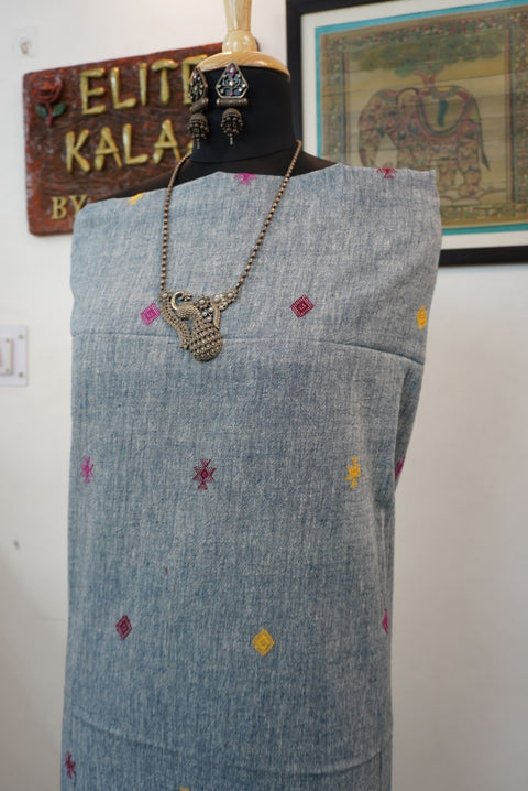 Grey Bhujodi Kala cotton kurti with multicolor front chomuk placement pattern in pink, yellow and maroon