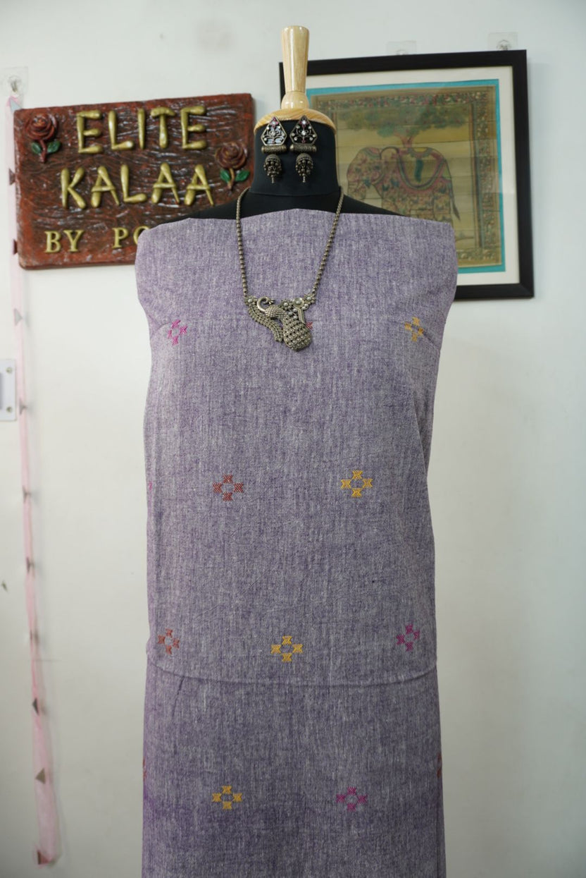 Light purple Bhujodi Kala cotton kurti with front chomuk work and pink, yellow, orange placement pattern