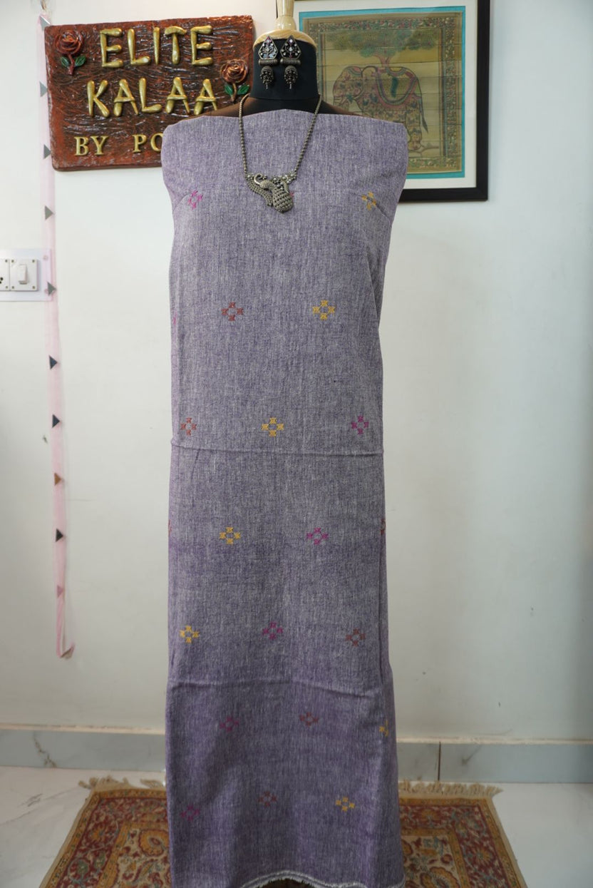 Light purple Bhujodi Kala cotton kurti with front chomuk work and pink, yellow, orange placement pattern