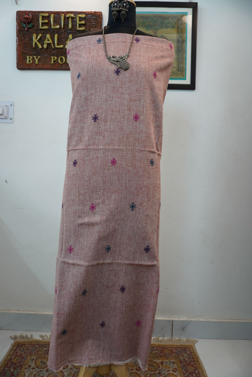 Peach Bhujodi Kala kurti fabric with front chomuk work and multicolor placement pattern in blue and purple