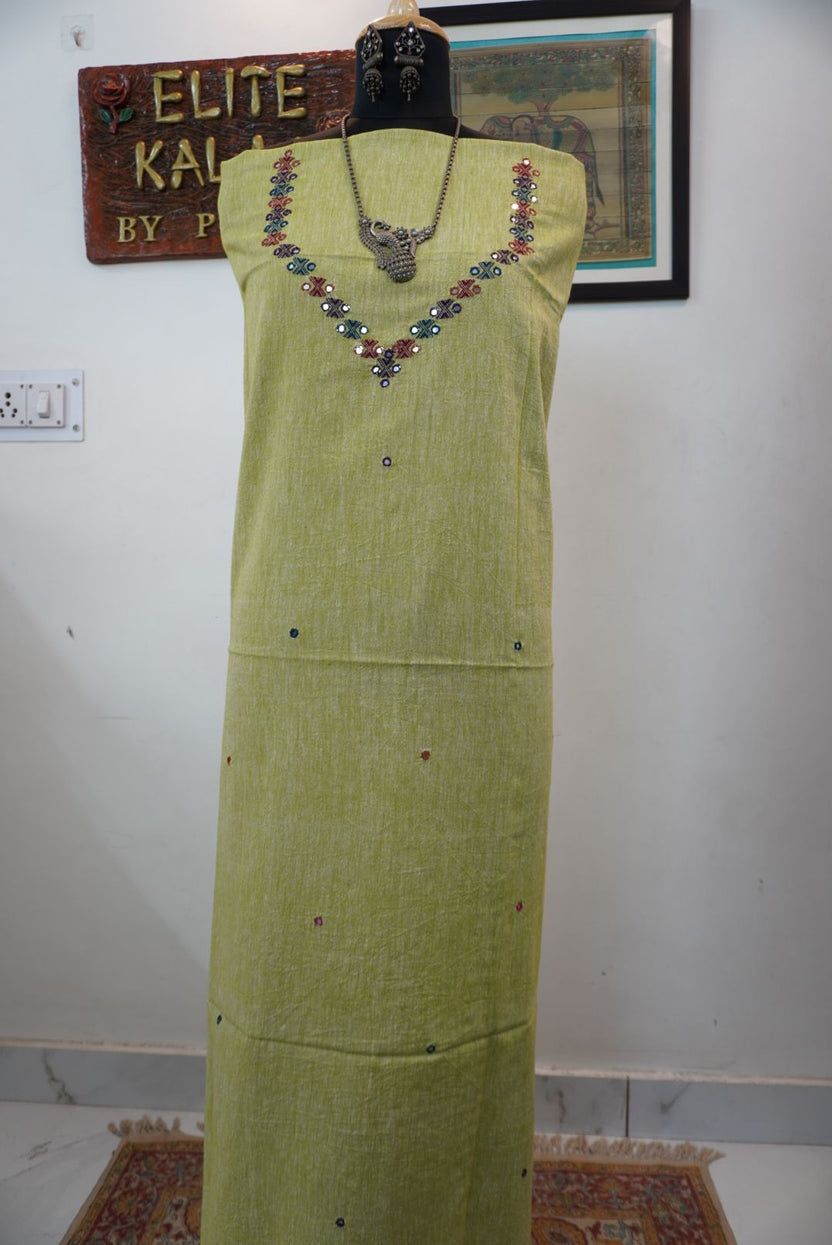 Olive green Bhujodi kala cotton kurti with neck chomuk design, multicolor detailing and mirror work