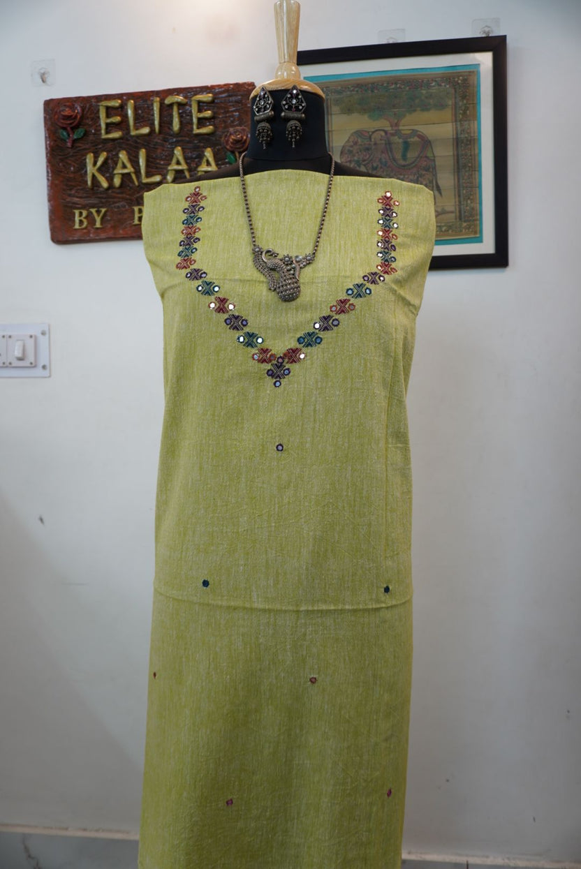 Olive green Bhujodi kala cotton kurti with neck chomuk design, multicolor detailing and mirror work
