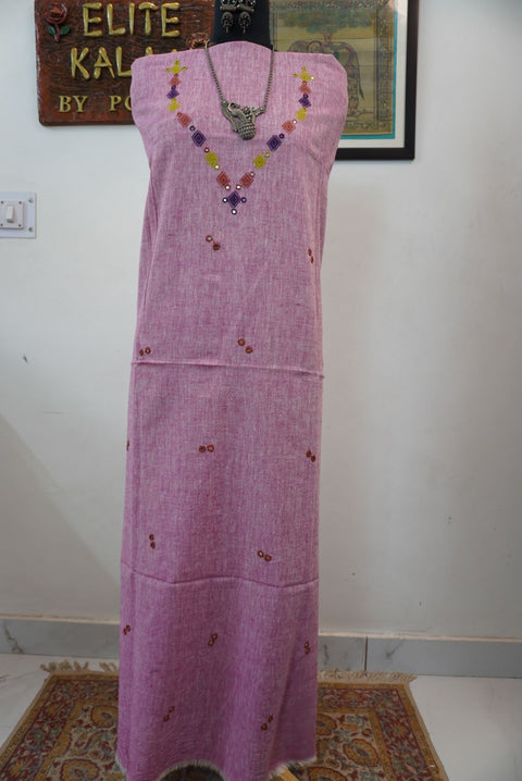 Pink Bhujodi Kala cotton kurti with neck chomuk design and mirror work with multicolor accents
