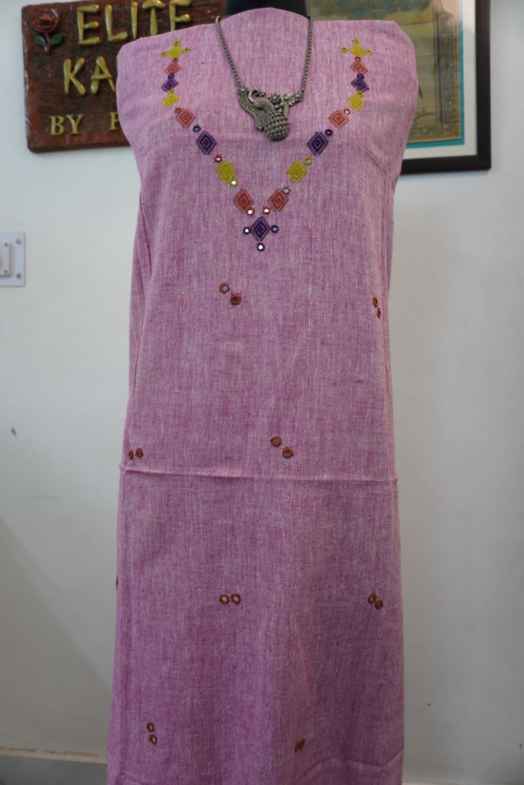 Bhujodi Kala cotton kurti/ neck chomuk and mirror work/ pink