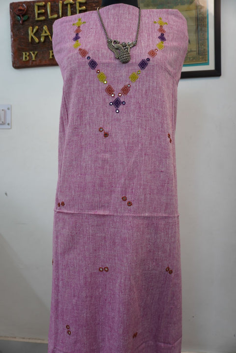 Pink Bhujodi Kala cotton kurti with neck chomuk design and mirror work with multicolor accents