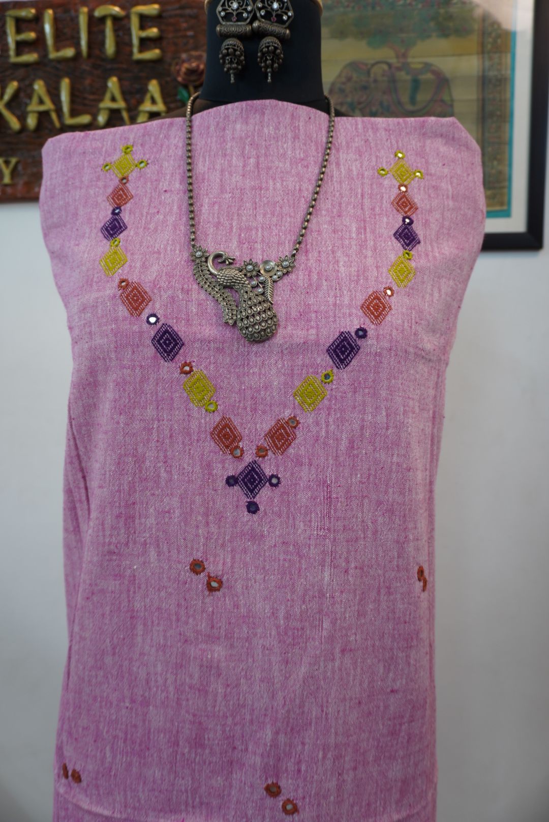 Bhujodi Kala cotton kurti/ neck chomuk and mirror work/ pink
