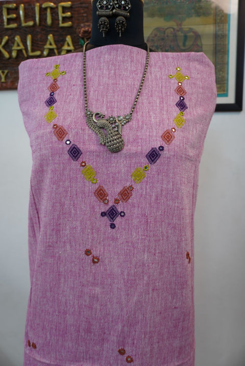 Pink Bhujodi Kala cotton kurti with neck chomuk design and mirror work with multicolor accents