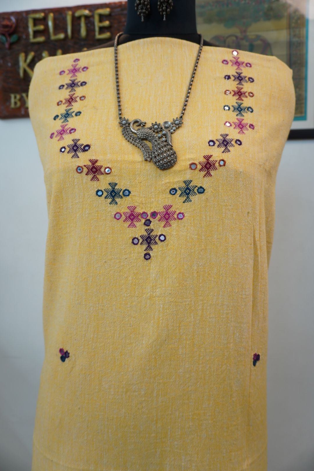 Bhujodi Kala cotton kurti/ neck chomuk and mirror work/ yellow
