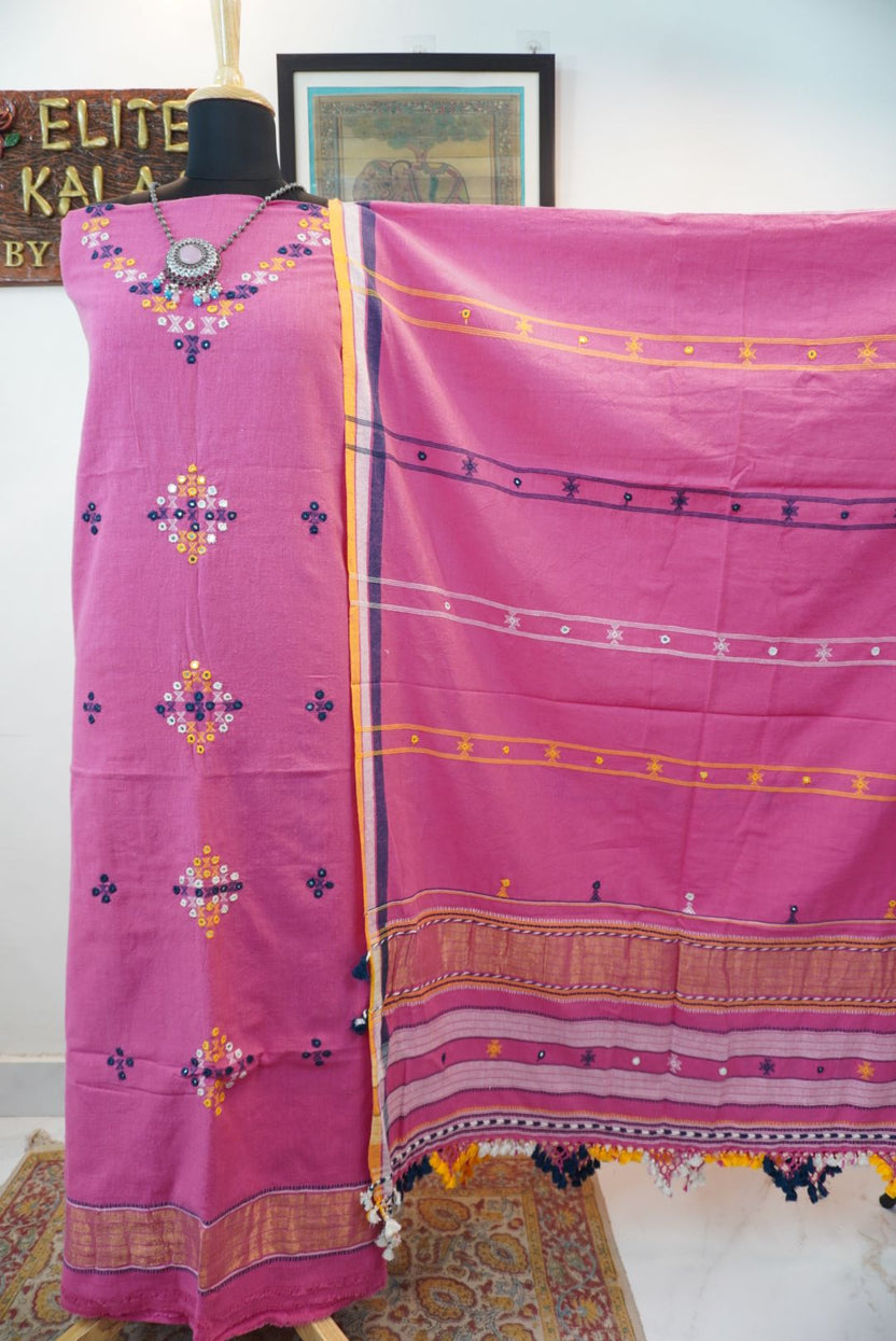 Pink 3-piece dress material with multicolor placement pattern, border, tassels and fringe