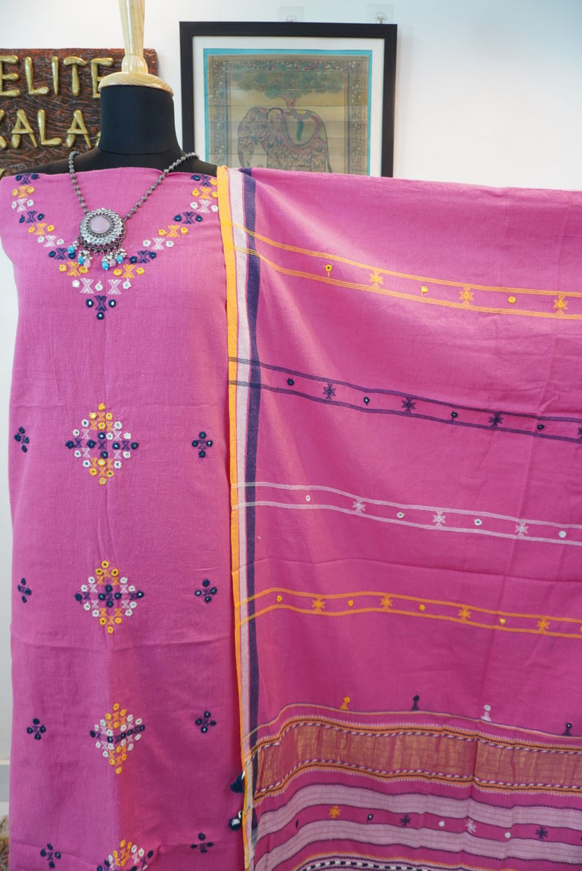 Pink 3-piece dress material with multicolor placement pattern, border, tassels and fringe