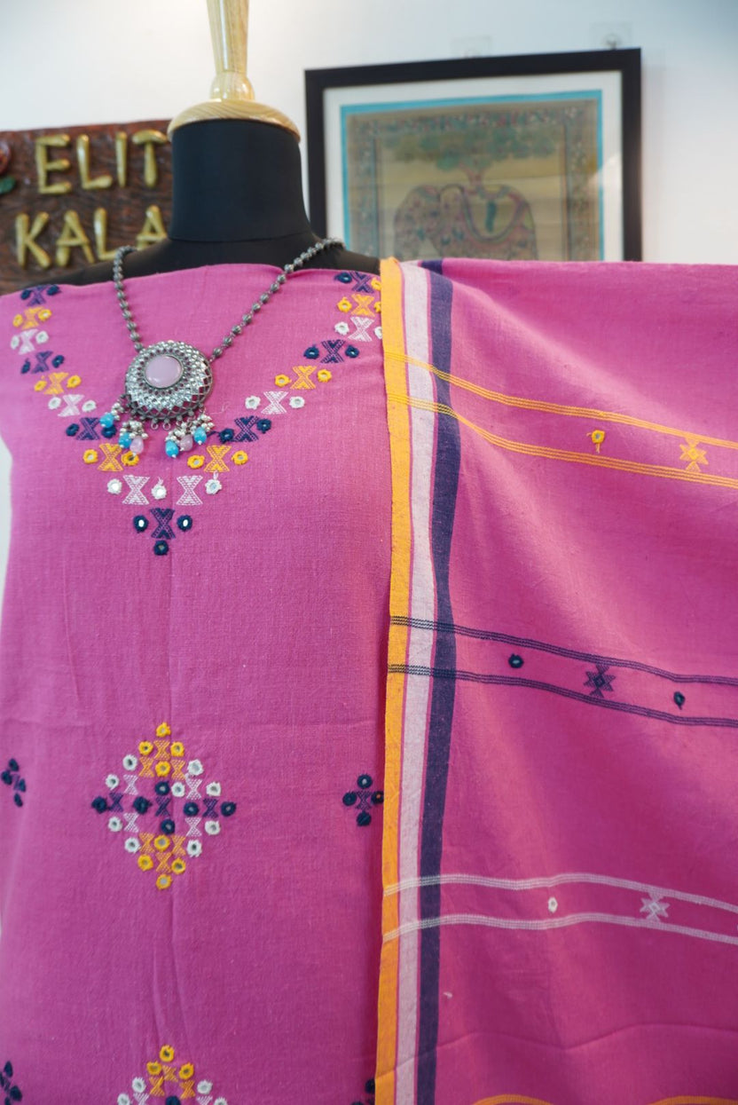 Pink 3-piece dress material with multicolor placement pattern, border, tassels and fringe
