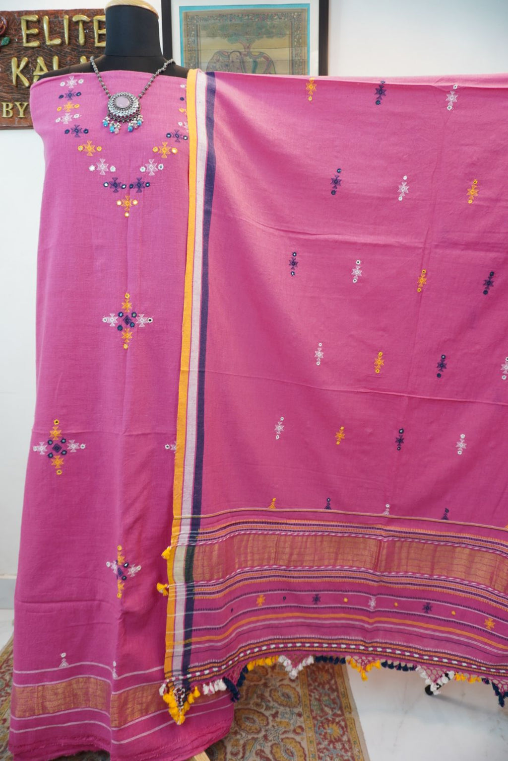 Bhujodi kala cotton 3 pc suit/ Pink/design 2