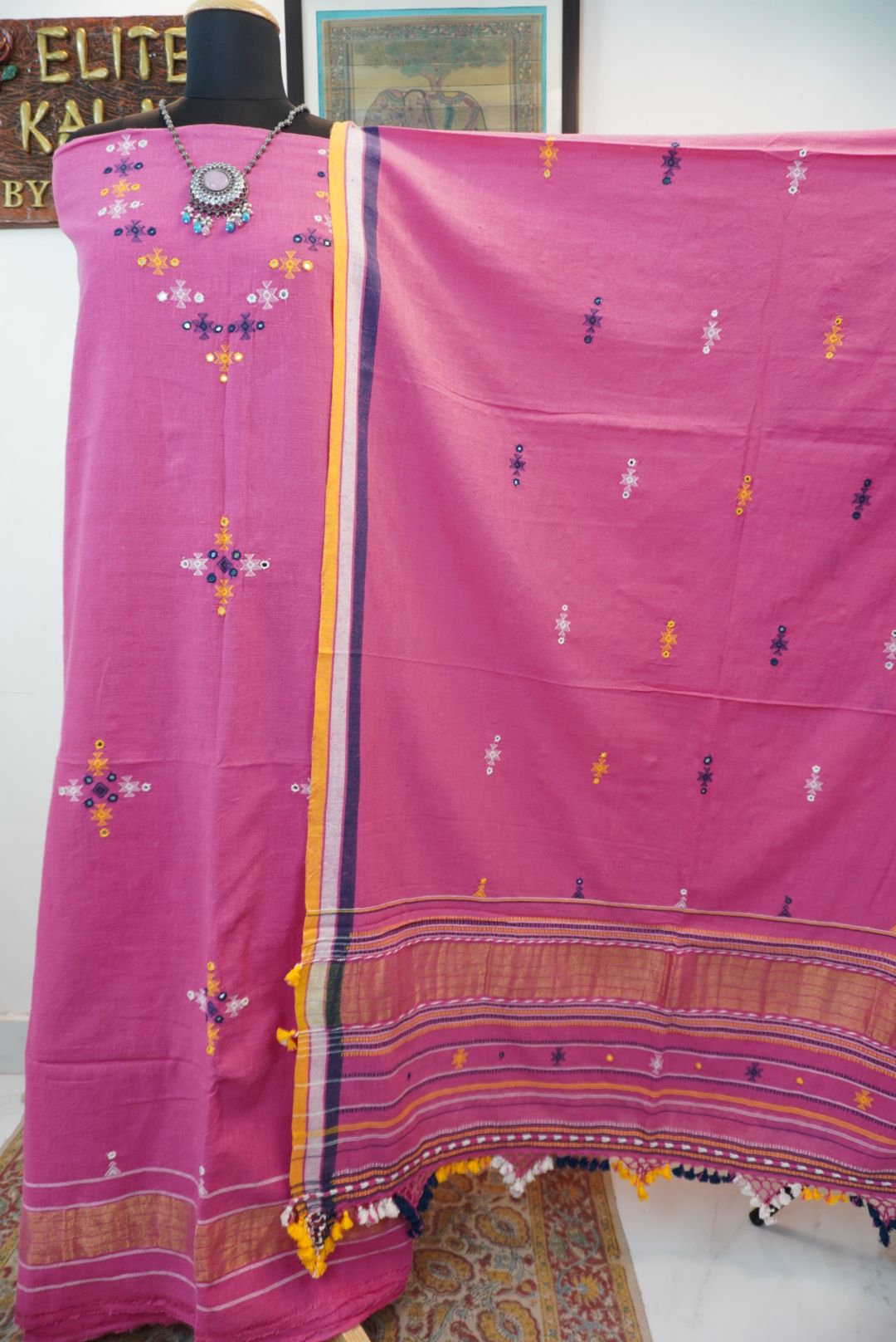 Bhujodi kala cotton 3 pc suit/ Pink/design 2