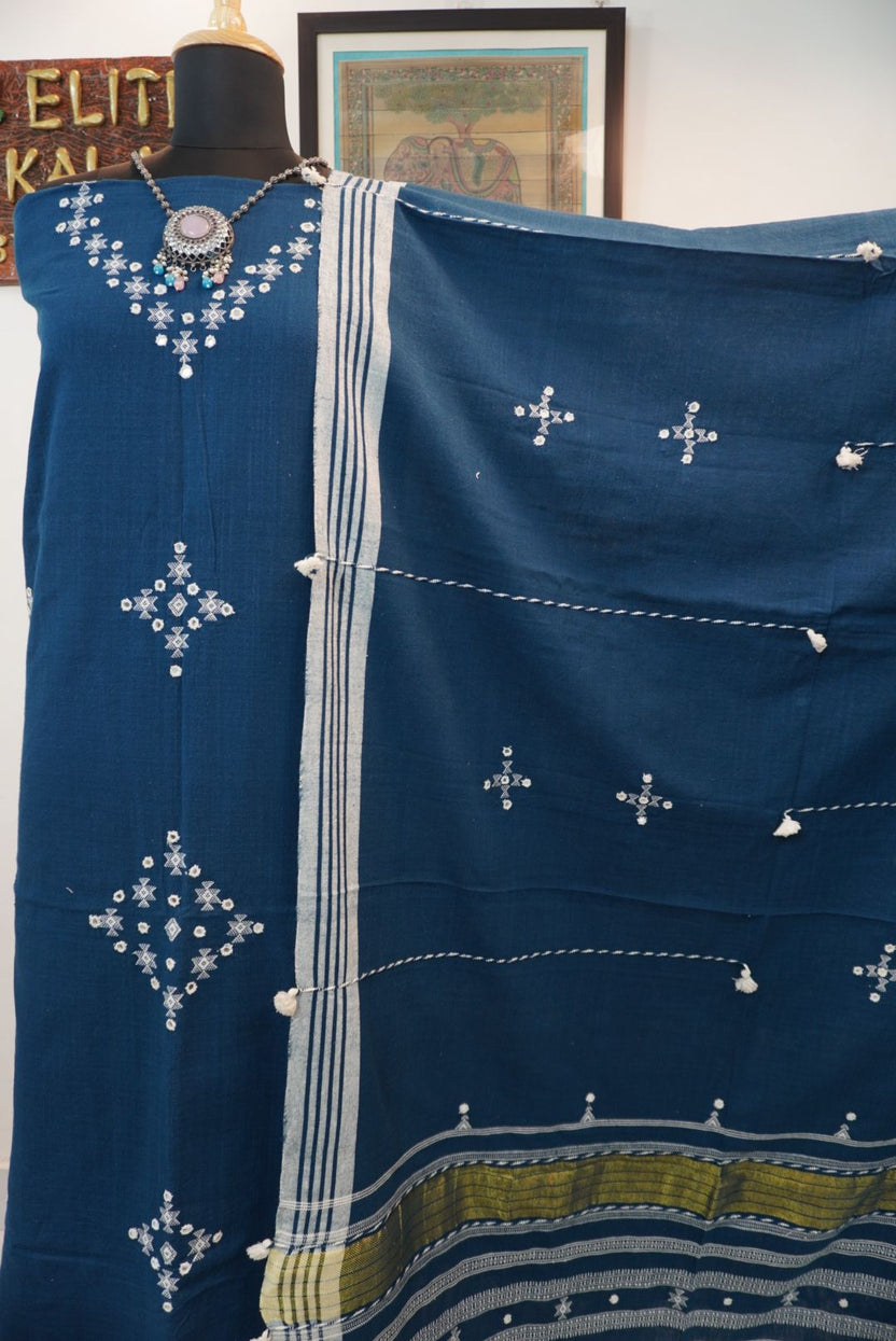 Teal blue Bhujodi kala cotton 3 piece dress material with multicolor placement pattern, border and tassels