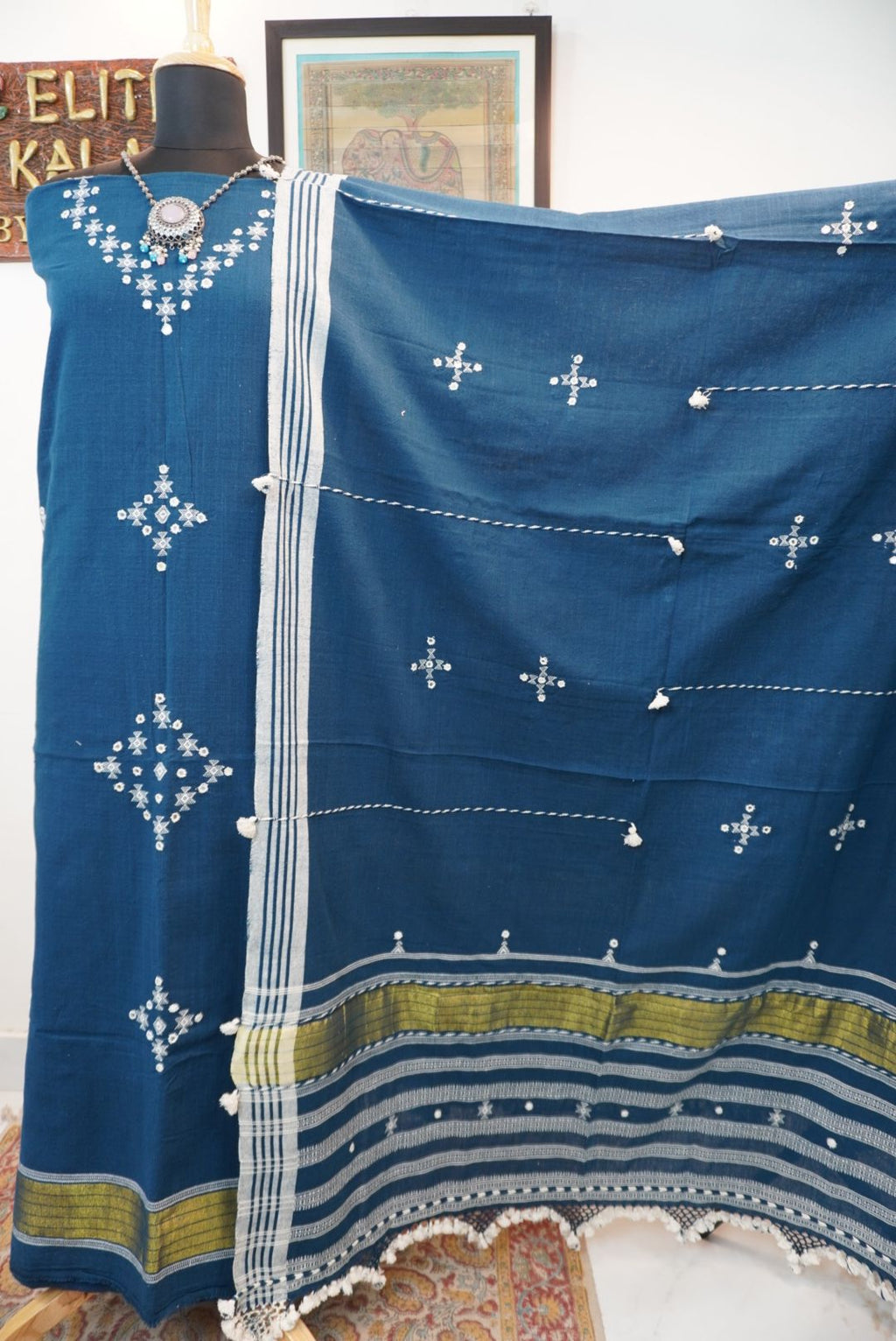 Bhujodi kala cotton 3 pc suit/ Teal blue/design 1