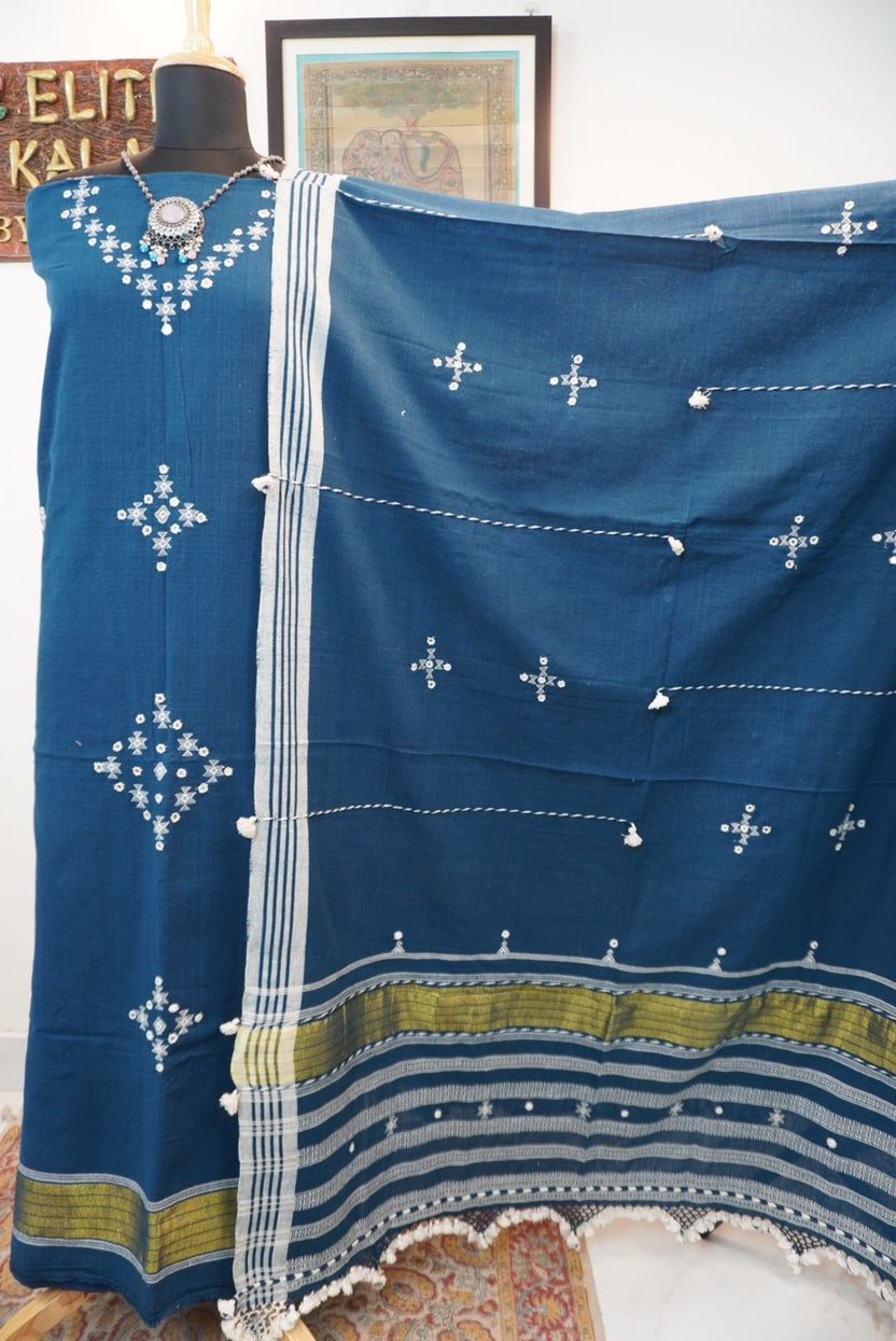 Teal blue Bhujodi kala cotton 3 piece dress material with multicolor placement pattern, border and tassels