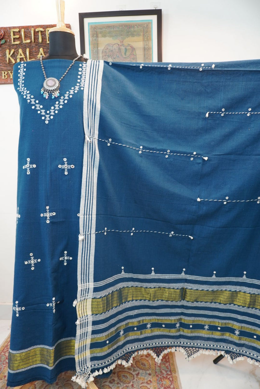 Blue Bhujodi kala cotton 3 pc dress material with white and green placement pattern, border and tassels