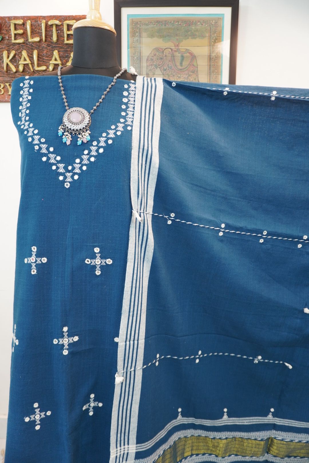Bhujodi kala cotton 3 pc suit/ Teal blue/design 3
