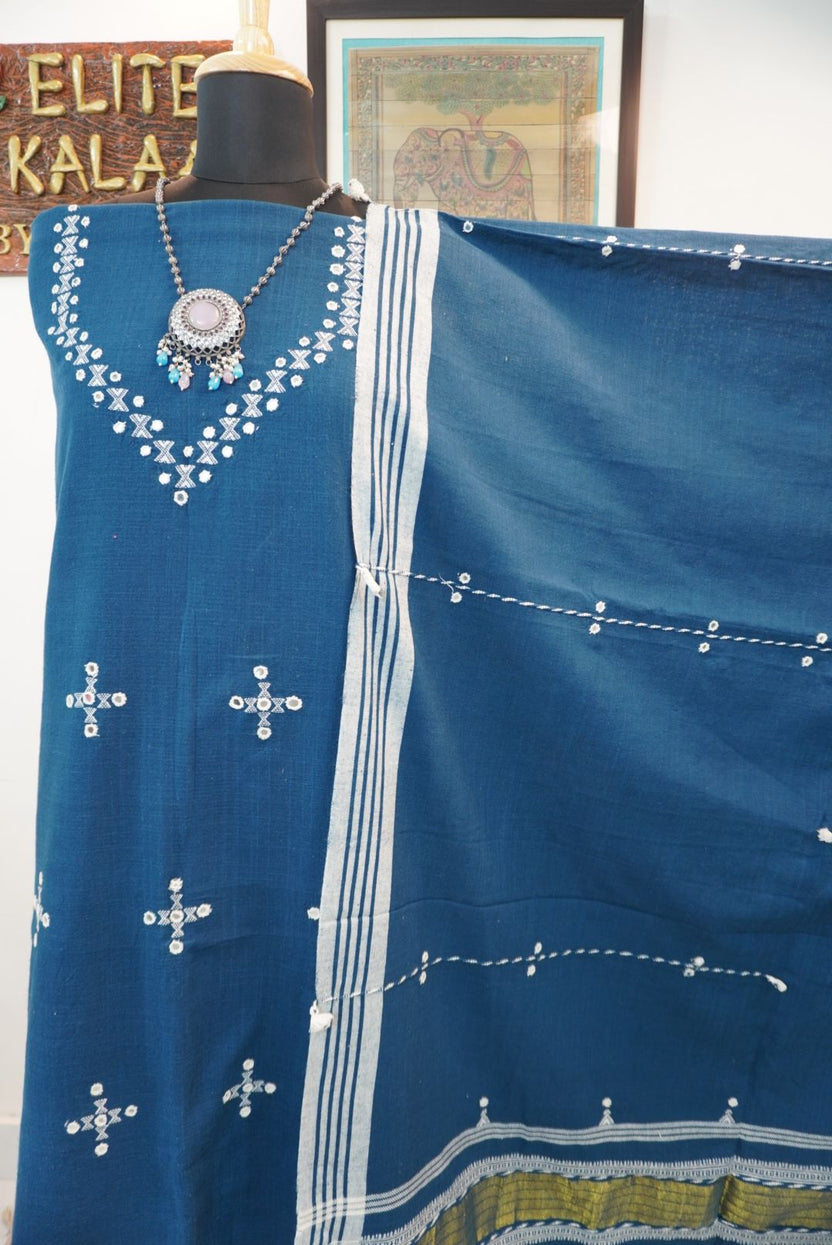 Blue Bhujodi kala cotton 3 pc dress material with white and green placement pattern, border and tassels
