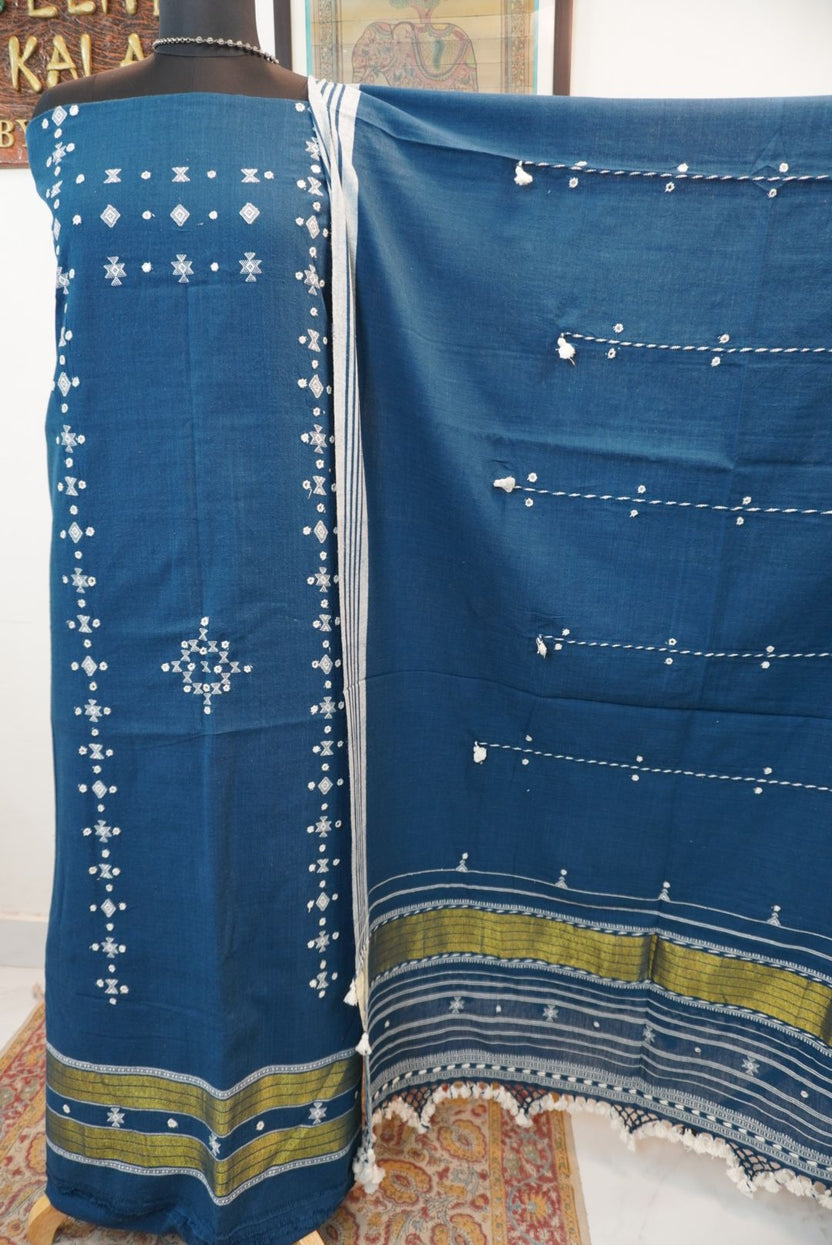 Teal blue 3 pc dress material with white and green placement pattern, border, tassels and fringe