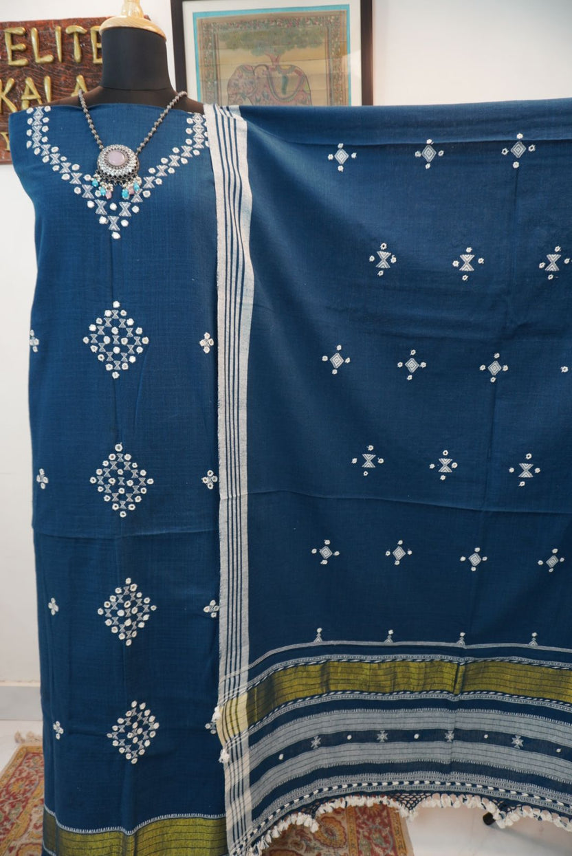Blue Bhujodi kala cotton 3 pc suit dress material with white and olive detailing, border, tassels and fringe