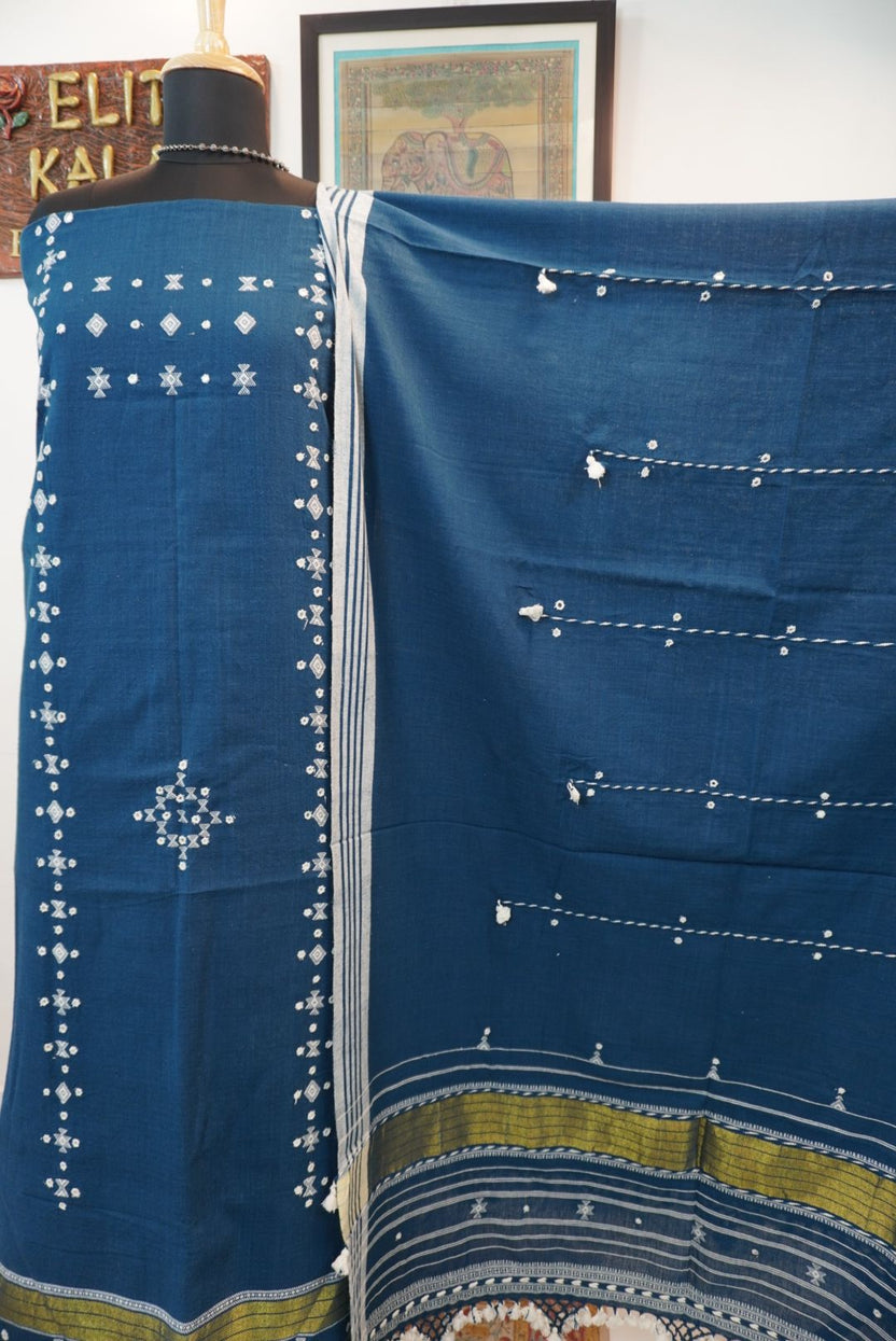 Teal blue 3 pc dress material with white and green placement pattern, border, tassels and fringe