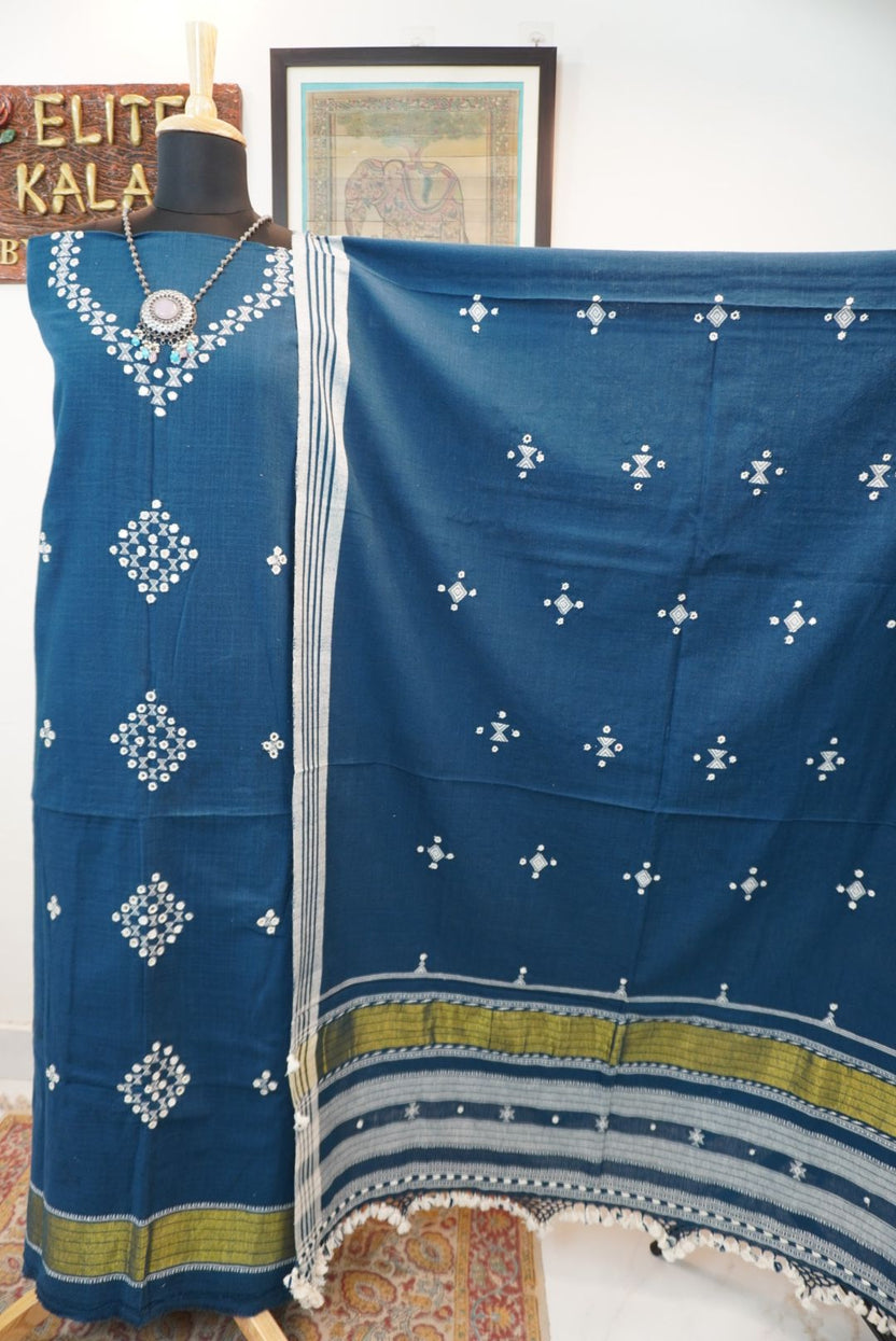 Blue Bhujodi kala cotton 3 pc suit dress material with white and olive detailing, border, tassels and fringe