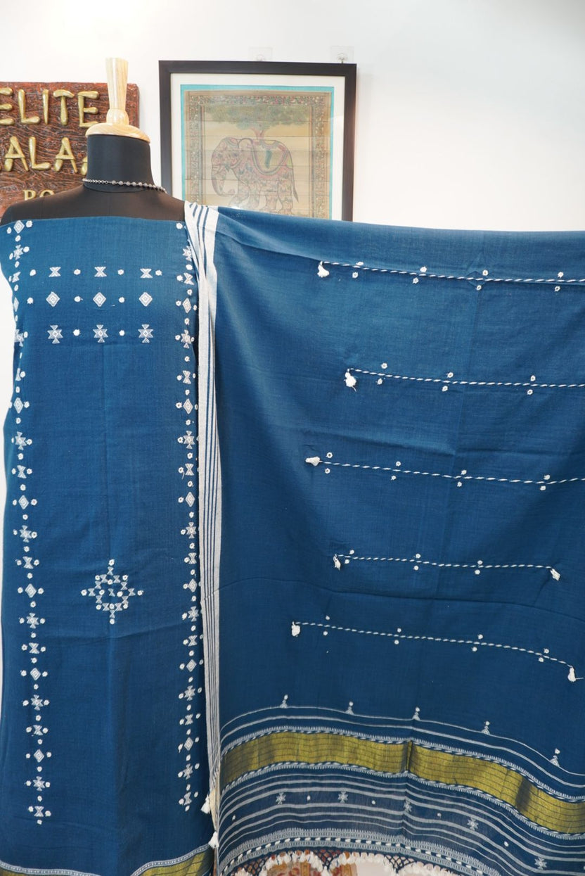 Teal blue 3 pc dress material with white and green placement pattern, border, tassels and fringe