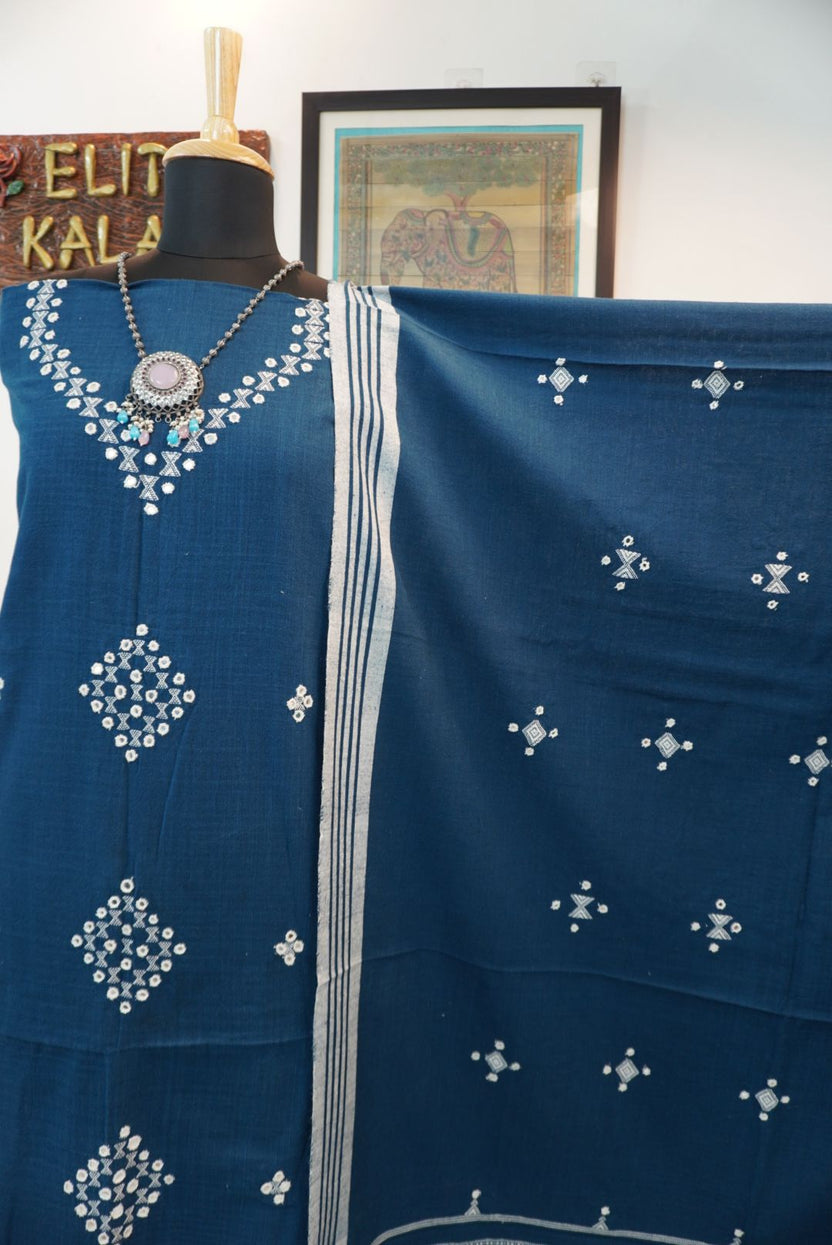 Blue Bhujodi kala cotton 3 pc suit dress material with white and olive detailing, border, tassels and fringe