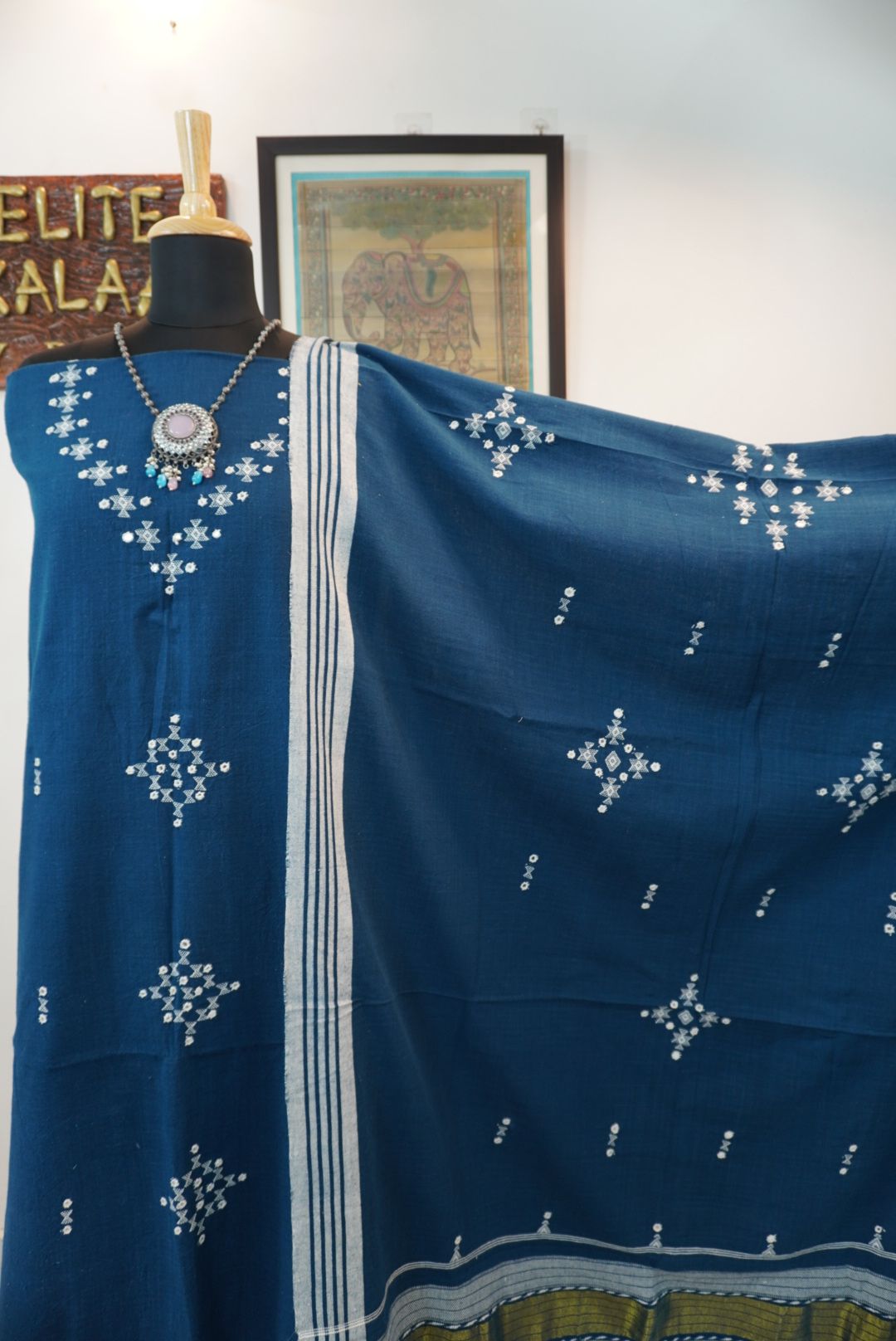 Bhujodi kala cotton 3 pc suit/ Teal blue/design 7
