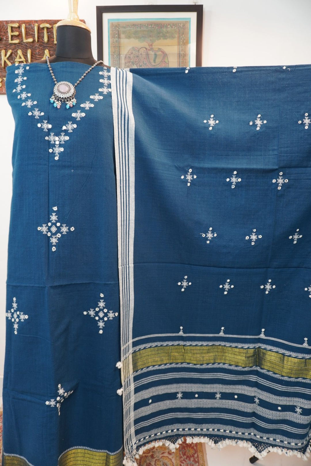 Bhujodi kala cotton 3 pc suit/ Teal blue/design 8