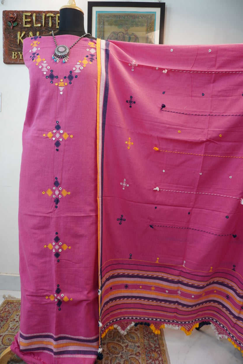 Orange Bhujodi kala cotton 3 piece suit with multicolor placement pattern, border, tassels and fringe