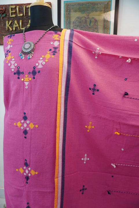 Orange Bhujodi kala cotton 3 piece suit with multicolor placement pattern, border, tassels and fringe