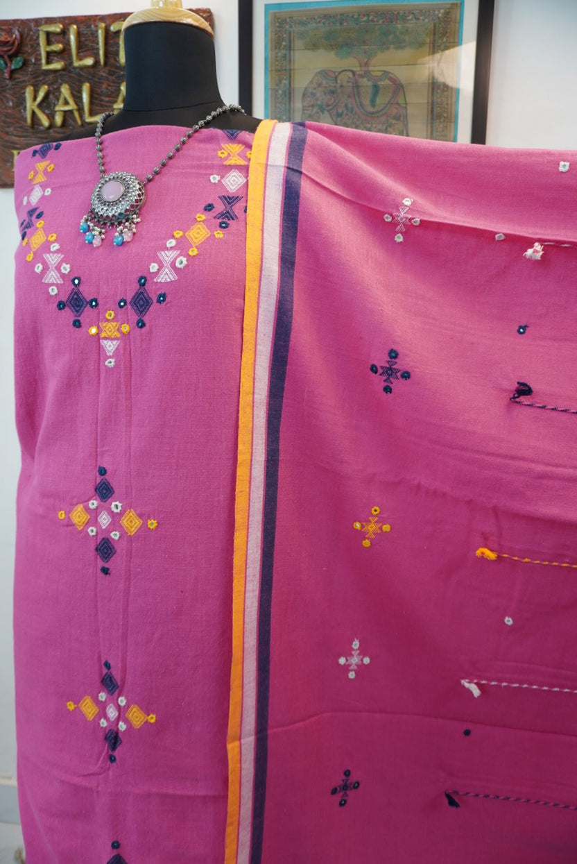 Orange Bhujodi kala cotton 3 piece suit with multicolor placement pattern, border, tassels and fringe