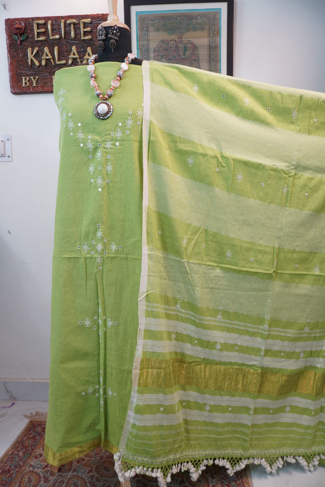 Bhujodi kala cotton 3 piece suit/Parrot green