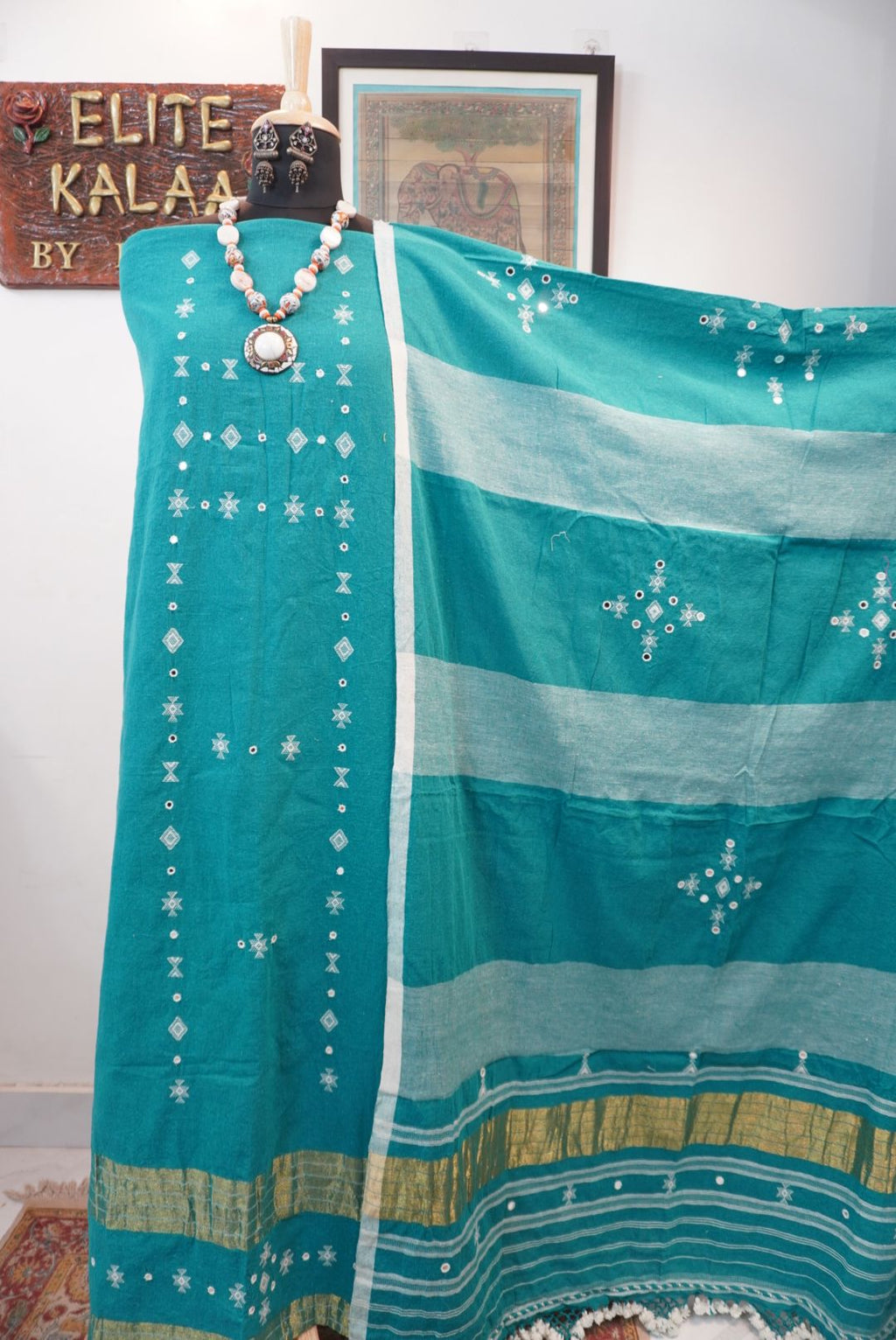 Bhujodi kala cotton 3 piece suit/Rama Green design 2