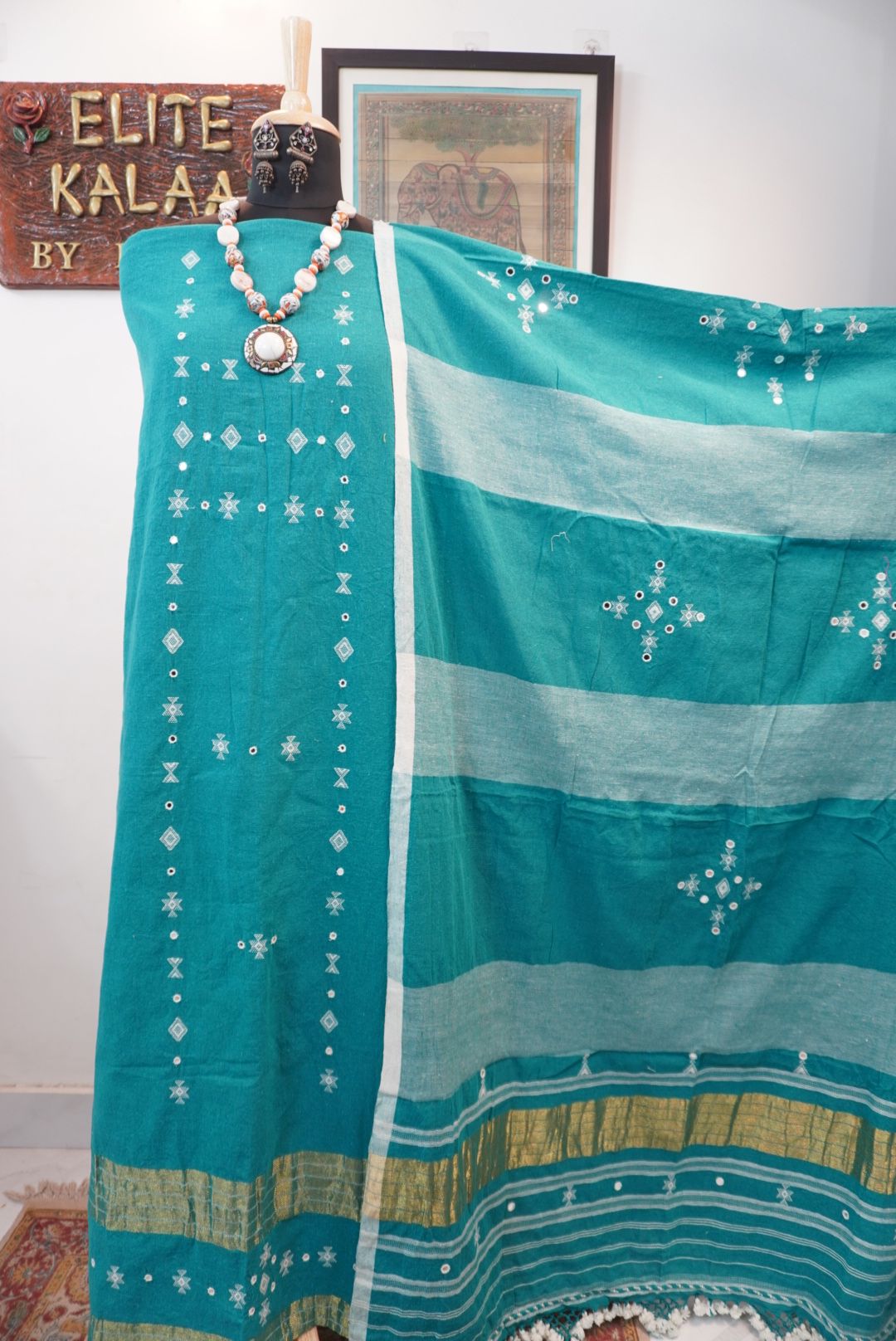 Bhujodi kala cotton 3 piece suit/Rama Green design 2