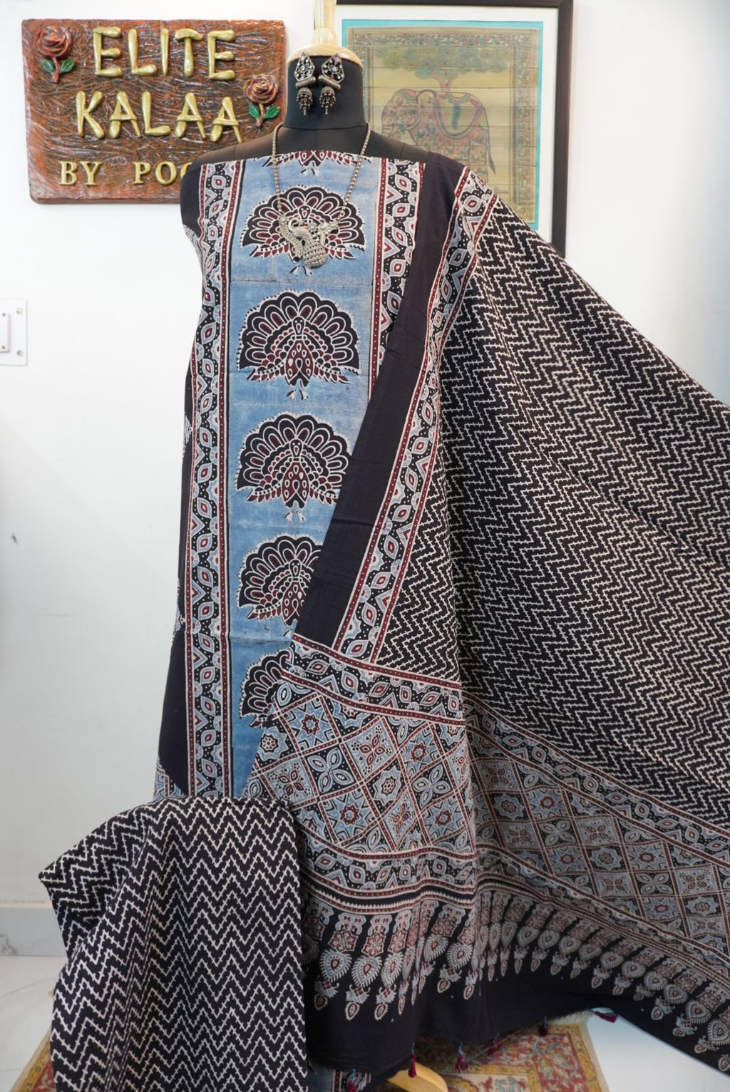 Black Cotton Ajrakh handblock 3 piece dress material with multicolor print and border