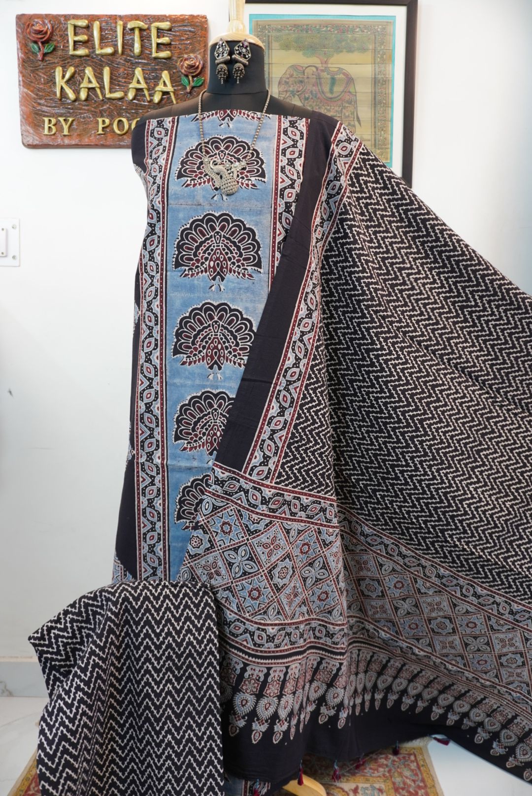 Black Cotton Ajrakh handblock 3 piece dress material with multicolor print and border