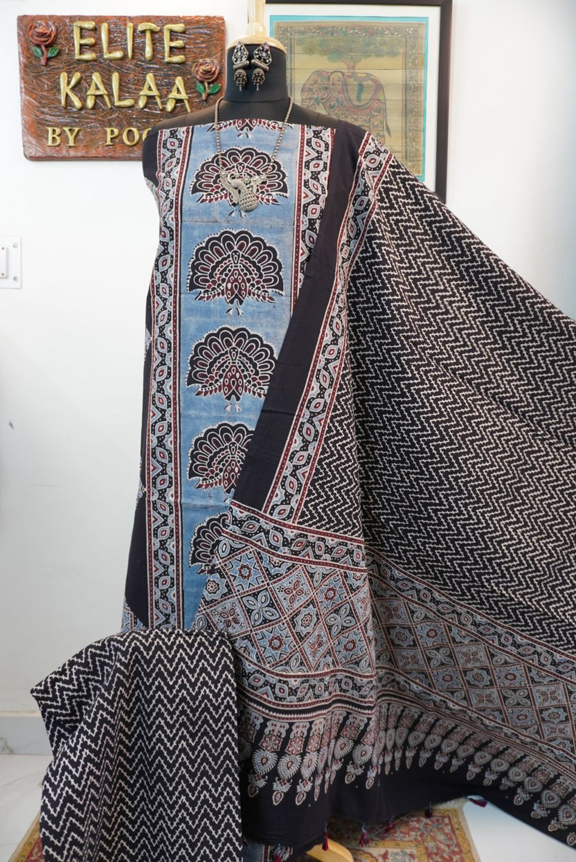 Black Cotton Ajrakh handblock 3 piece dress material with multicolor print and border