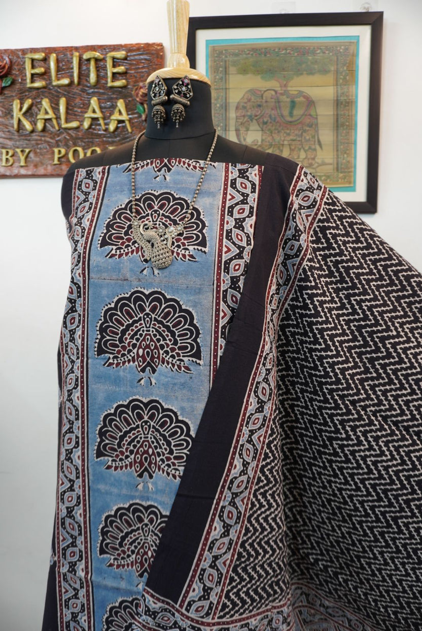 Black Cotton Ajrakh handblock 3 piece dress material with multicolor print and border